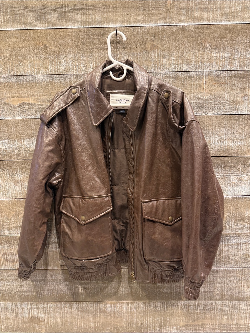 American Eagle Outfitters Brown Faux Leather Bomber Jacket with Epaulets